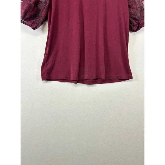 Romantic Flower & Feather Blouse Womens L Burgundy Lace Puff Sleeve Back Tie - Picture 5 of 9
